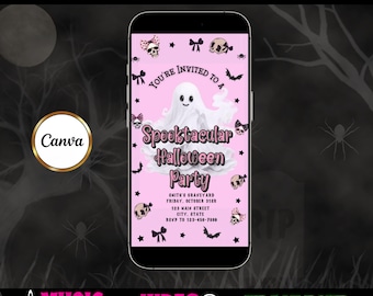 Halloween Video Invitation, Pink Ghost Birthday Party Evite, Animated cute ghost mobile invite, editable digital Canva template rsvp tracker