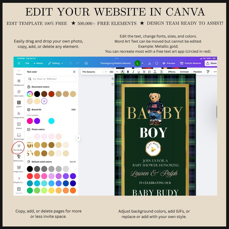 May include: A Canva website editing interface is displayed, showcasing a baby shower invitation template. The invitation features a teddy bear illustration and text that reads "BABY BOY" and "Baby Rudy."