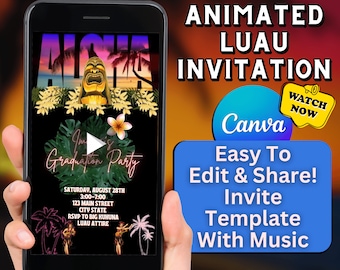 Luau Video Invitation, Hawaiian Party Invite, Tropical Themed, Canva Template, Editable Invite, Instant Download, Digital Evite, Text Invite