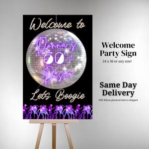 Letrero de bienvenida para fiesta de discoteca, bola de discoteca personalizada retro, cartel de fiesta de cumpleaños, póster de los años 70, silueta de baile, letrero personalizado, fiesta temática de discoteca