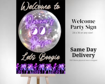 Disco welcome party sign retro personalized Disco Ball Birthday Party Signage 70s poster dancing silhouette custom sign Disco Themed Party
