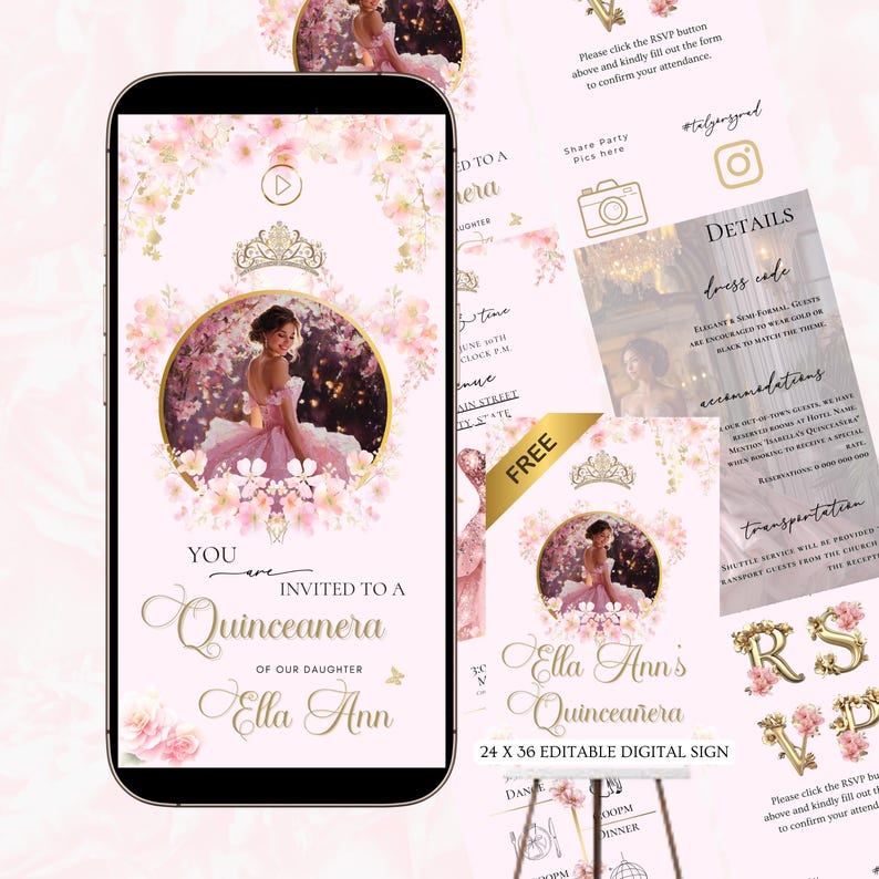 Quinceanera Digital Invitation Sweet 15 Editable Birthday Invite Quinceañera Party Template Clickable RSVP Online Form Instant Download