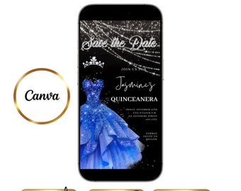 Royal Blue Quinceanera Video Invitation Digital RSVP Editable Template for Sweet 15 or 16 Save the Date Mis Quince Anos Invitation Download