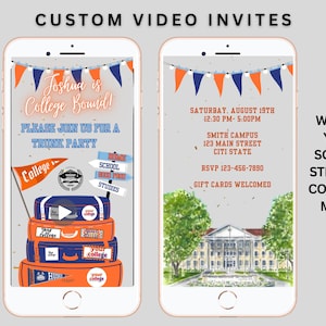 Könnte beinhalten: Zwei Smartphones zeigen individuelle Videoeinladungen. Eines zeigt eine Einladung zum Thema College mit dem Text "Joshua is College Bound!" und "Trunk Party". Das andere zeigt Eventdetails, einschließlich Datum, Uhrzeit und Ort.
