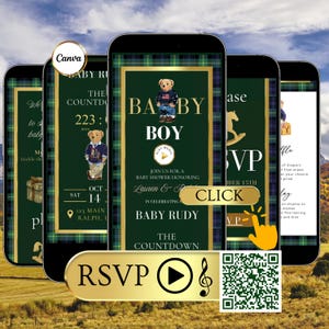 Puede incluir: Varios smartphones muestran una invitación a un baby shower. El diseño presenta un fondo verde a cuadros, detalles dorados y una ilustración de oso de peluche. El texto incluye "Baby Boy" y detalles de RSVP.