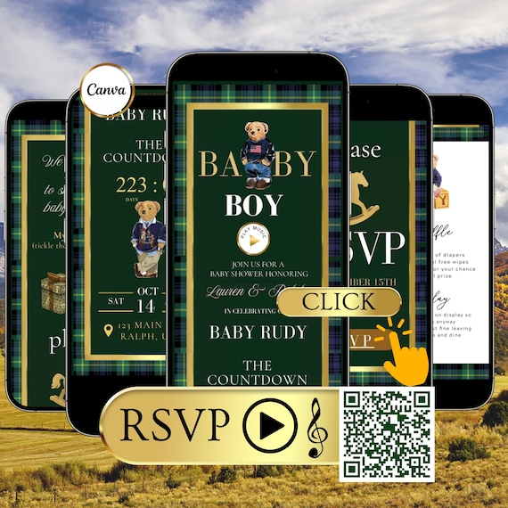 Polo Bear Baby Shower website invite | We can Bearly Wait evite | Editable Canva Web Invite with RSVP, Registry | Boy Webpage Template