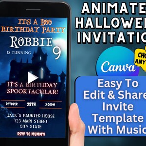 Peut inclure: Un smartphone affiche une invitation d'anniversaire sur le thème d'Halloween. L'invitation présente une illustration de maison hantée, le nom "Robbie" et le chiffre "9". Le texte comprend "It's a Birthday Spooktacular!" et "Animated Halloween Invitation".