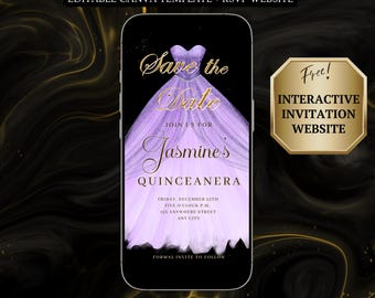 Purple Quinceanera Video Invitation Digital RSVP Editable Template for Sweet 15 Save the Date Evite Mis Quince Anos Sweet 16 Invite Download