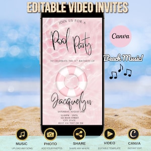 Pink Pool Party Video Invite Editable Template Summer Bash Birthday Evite Canva Download Digital Invite Splash Celebration Beach Bach Party