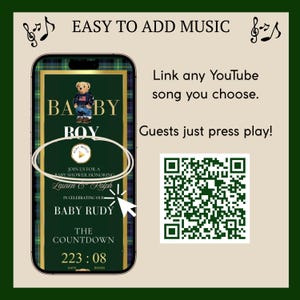 May include: An invitation for a baby shower, featuring a smartphone displaying a digital invitation with a teddy bear graphic. The invitation includes the text "BABY BOY" and "BABY RUDY", with a countdown timer. The design is set against a green plaid background.