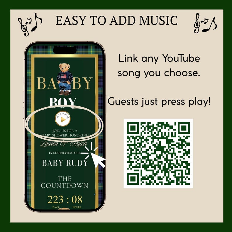 May include: An invitation for a baby shower, featuring a smartphone displaying a digital invitation with a teddy bear graphic. The invitation includes the text "BABY BOY" and "BABY RUDY", with a countdown timer. The design is set against a green plaid background.