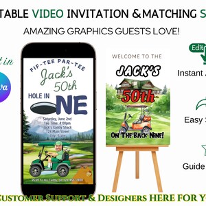 Golfvideo-uitnodiging, Lets Par-Tee-golfuitnodiging, geanimeerde golfkar, gepersonaliseerde golfuitnodiging en bordbundel, uitnodiging golfuitje Vaderdag
