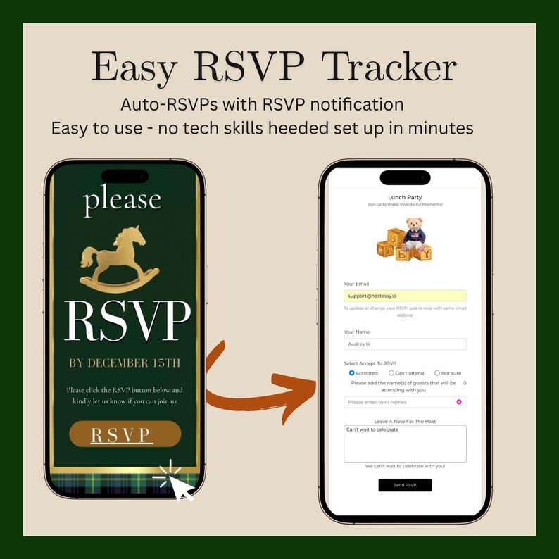 May include: A digital invitation design on a smartphone screen, featuring a gold rocking horse and the word "RSVP." The screen displays "BY DECEMBER 15TH" and a button to RSVP. The image also shows a second screen with a form for event details.