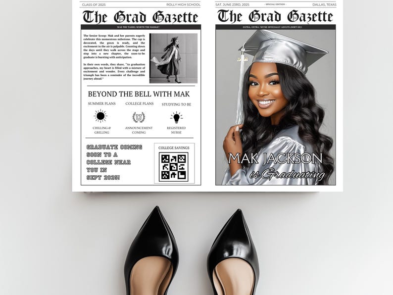 Create a memorable keepsake with our editable 2025 Graduation newspaper template! Personalize headlines, photos, achievements, and future plans to celebrate your graduate’s journey. Perfect for announcements, party decor, or a unique gift. Download, edit, and print easily!