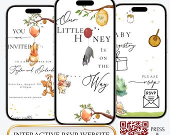 Winnie the Pooh Baby Shower Invitation Website with RSVP, Classic Pooh Bear Interactive RSVP Mobile Website with Music