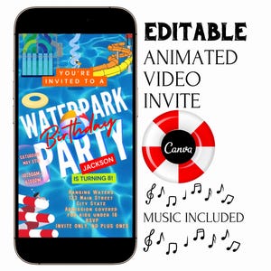 Waterpark invite editable video template splash party animated evite canva swim summer birthday digital mp4 instant download Water park