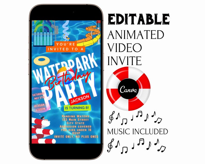Waterpark invite editable video template splash party animated evite canva swim summer birthday digital mp4 instant download Water park