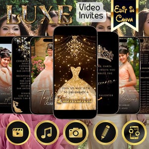 Gold Quinceaña Video bearbeitbare Einladung Personalisierte Fotoeinladung Mehrseitige bearbeitbare Vorlage Bearbeitbare digitale Vorlage Sweet 15