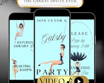 Gatsby Party Video Invitation, Editable 1920s Canva Template, Roaring Twenties Great Gatsby Evite, Vintage Flapper Theme, Showgirl evite