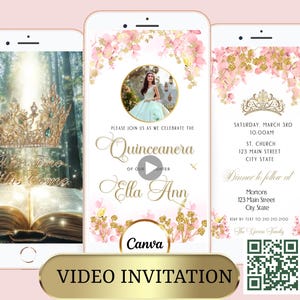 Pink and Gold Quinceañera Video Invite Editable Sweet 15 Invitation with Photo and music Editable Mis Quince Años Mobile invite Sweet 16