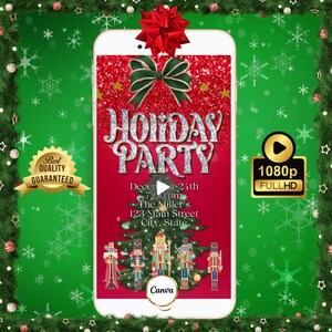 May include: A smartphone screen displays a holiday party invitation. The red background features the words "HOLIDAY PARTY" in a decorative font. A Christmas tree and nutcracker figures are at the bottom. A red bow and green ribbon are at the top.