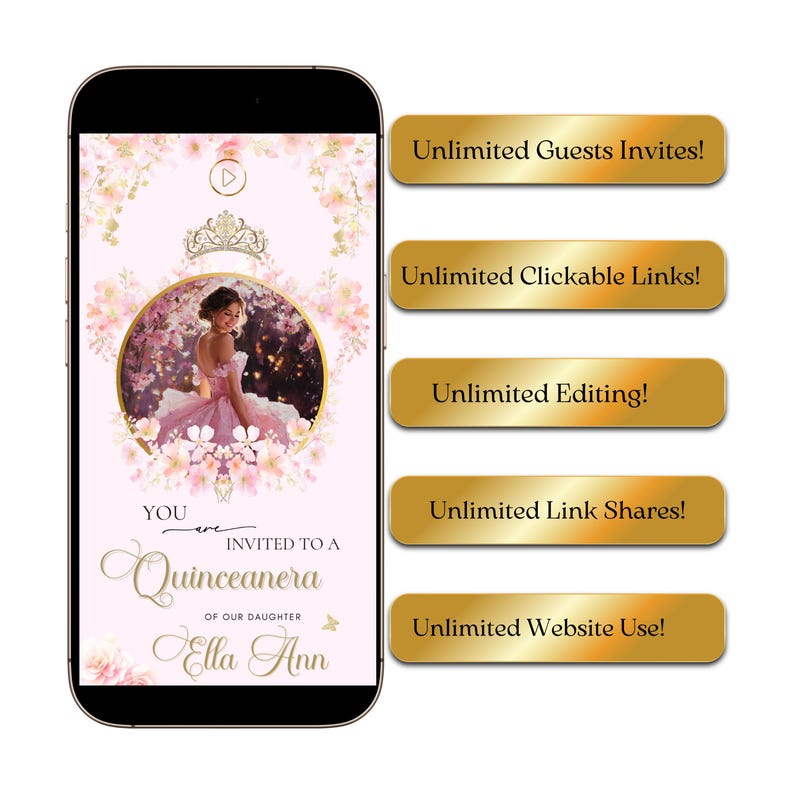 Quinceanera Digital Invitation Sweet 15 Editable Birthday Invite Quinceañera Party Template Clickable RSVP Online Form Instant Download