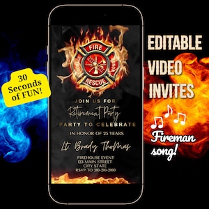 Invitation vidéo de pompier, invitation modifiable de pompier, modèle de toile de feu, invitation de fête de retraite, mp4 numérique de flammes animées avec de la musique
