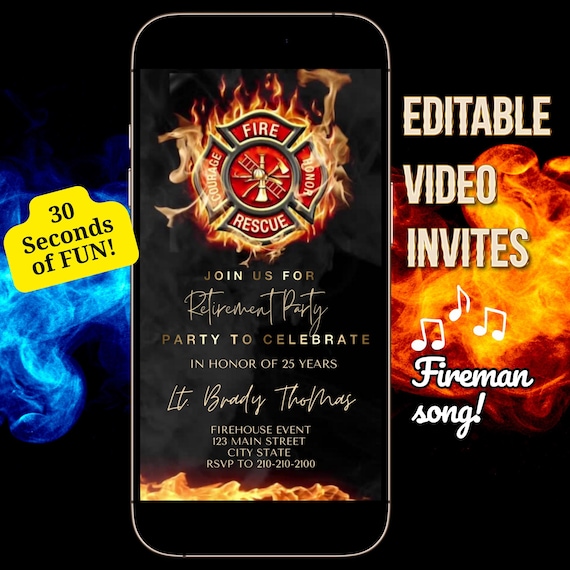 Fireman video invitation, editable firefighter invite, Fire canva template, Retirement party invite, animated flames digital mp4 with music