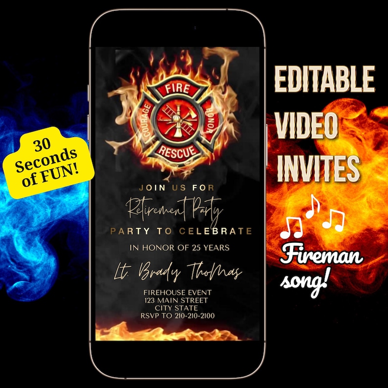 Fireman video evite editable Canva template
Fire truck firefighter birthday animated invitation
Custom kids party digital MP4 invite emergency theme
Editable fireman party video card
Personalized animated fireman birthday invitation