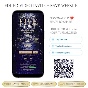 May include: A digital invitation displayed on a smartphone screen featuring a dark blue glitter background with gold text reading The Big FIVE OH! for a 50th birthday. The interface includes buttons for RSVP, directions, registry, and a QR code.