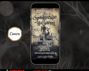 Haunted House Video Invitation, Spooky Mansion animated Invite, Halloween Costume Party, Vintage Cocktail RSVP Evite, Digital Canva Template
