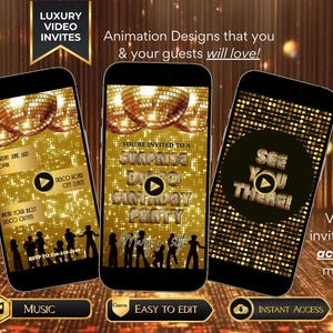 Gold disco invite editable video template animated party evite instant download file digital birthday design mobile theme disco ball canva
