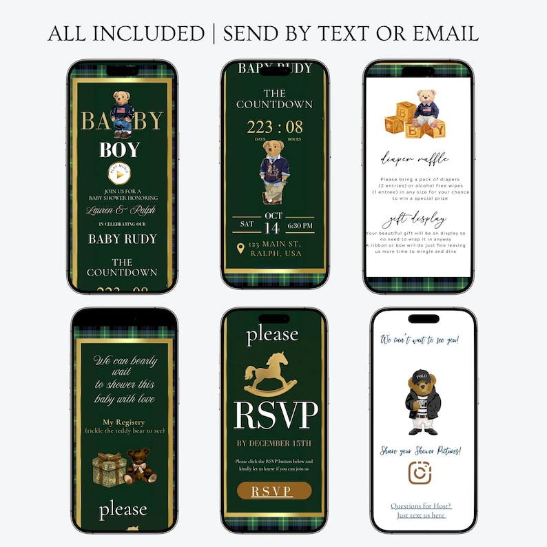 May include: Six smartphone screens displaying baby shower invitations. The designs feature teddy bears, plaid borders, and gold accents. Text includes "Baby Boy," "RSVP," and shower details.