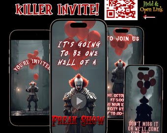Scary Clown Halloween Video Invitation Editable Horror Clown Evite Creepy Circus Party Canva Template Mobile Halloween Invite Freak Show