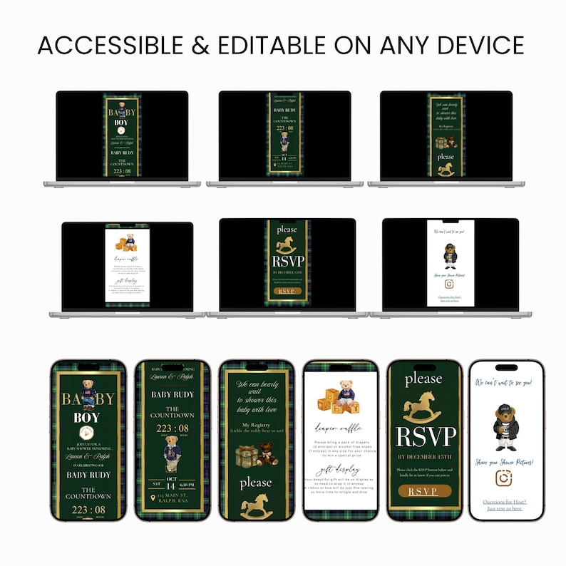 May include: A digital invitation design with a green and gold plaid background. The design includes text that reads "Baby Boy" and "RSVP", along with a teddy bear illustration. The invitation is displayed on laptops and smartphones.