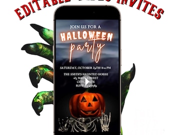Animated Halloween Party Video Invitation Spooky Pumpkin Evite Editable Canva Save The Date Template RSVP