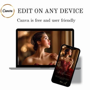 May include: A laptop and smartphone showing a woman in a red dress. The laptop and phone screens display the same image. The Canva logo is in the upper left, with the text "EDIT ON ANY DEVICE" and "Canva is free and user friendly".