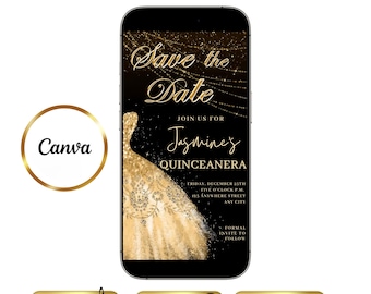 Elegant Quinceanera Invitation Digital RSVP Editable Template for Sweet 15 Gold Save the Date Mis Quince Anos Sweet 16 Invitation Download