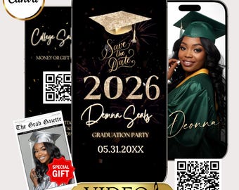Graduierung Video-Einladung, Klasse von 2026 Ankündigung, animierte Graduierung Party einladen, bearbeitbare Canva Vorlage Digital Grad Mobile Evite