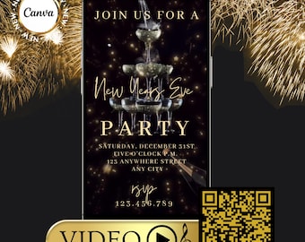 Invito video per la festa di Capodanno / Modello Canva modificabile / Invito animato per la festa di Capodanno / Invito glitterato Champagne Tower / MP4 per la festa di Capodanno in oro nero