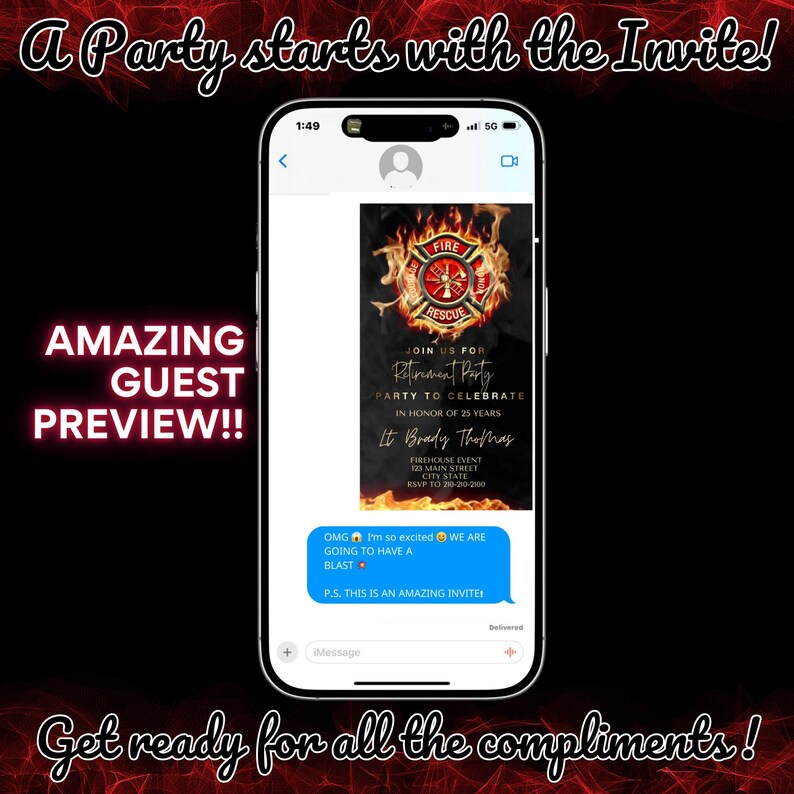 May include: A digital phone screen displaying a retirement party invitation for a firefighter. The invitation features a red and gold fire department logo with flames and the text "Join us for Retirement Party, Party to Celebrate in honor of 25 years, Lt. Brady Thomas".