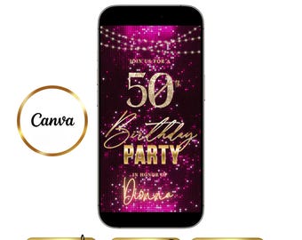 50th Birthday Video Invitation Editable Canva Template, Violet and Gold Glitter Fifty and Fabulous Party Invite, Animated Evite RSVP QR Code
