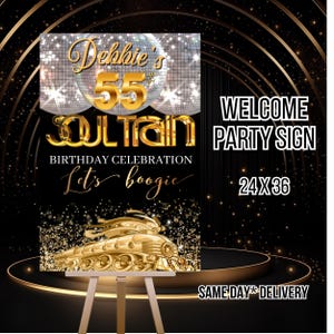 Letrero de bienvenida a la discoteca Gold Soul Train, letrero imprimible personalizado para fiestas, póster de bienvenida para cumpleaños de los 70 con temática de Studio 54, letrero de entrada a la discoteca Gold