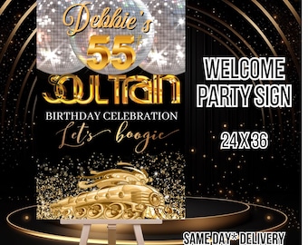 Gold Soul Train Disco Welcome Sign, Custom Printable Party Sign, Studio 54 Theme 70s Birthday Welcome Poster, Gold Disco Entrance Sign