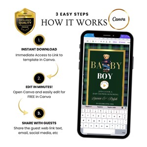 May include: A smartphone displays a baby shower invitation template with a teddy bear illustration. The image includes a gold shield, the Canva logo, and instructions: instant download, edit in minutes, and share with guests.