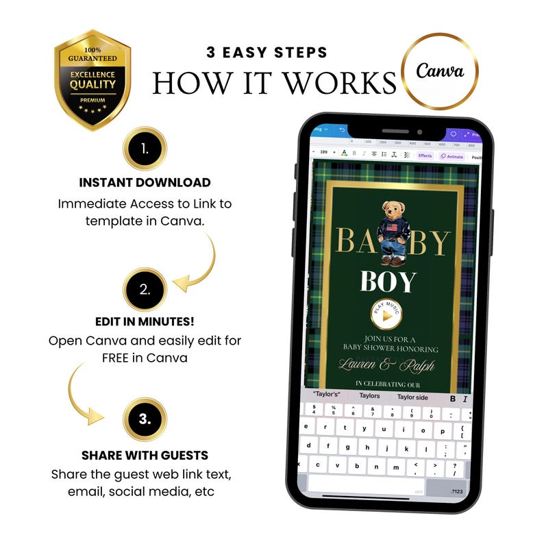 May include: A smartphone displays a baby shower invitation template with a teddy bear illustration. The image includes a gold shield, the Canva logo, and instructions: instant download, edit in minutes, and share with guests.