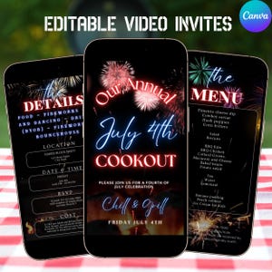 Invito video per barbecue, modello modificabile Canva, invito per il 4 luglio, festa del papà, barbecue, festa di compleanno, fuochi d'artificio animati, download istantaneo MP4