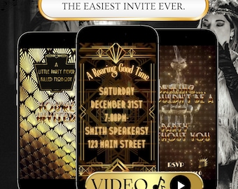 Gatsby Party Video Invitation | Roaring 20s Canva Template | Editable Vintage Evite | Gold Champagne New Year’s Invite | Great Gatsby evite