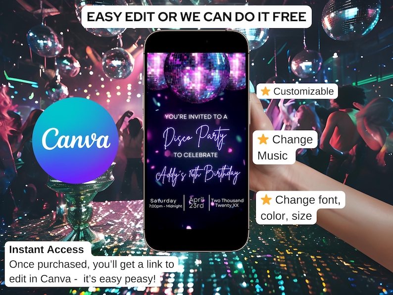 Create A Rave Party Invitation Editable Disco Invite Template Canva Animated Disco Ball Video ...