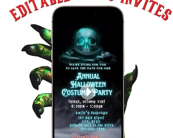 Halloween Skull Costume Party Video Invitation: Editable Canva Template (Digital Evite, Instant Download)